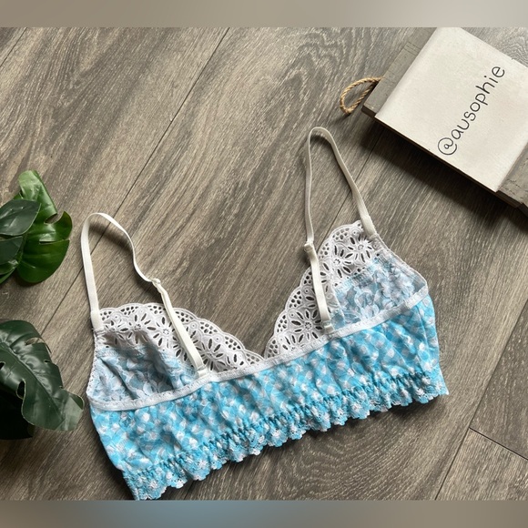 Hanky panky blue check white floral lace unlined wireless ruffle band bralette S - Picture 3 of 5